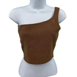 House of Harlow 1960 One Shoulder Ribbed Knit Crop Top WMNS S Brown Asymmetrical